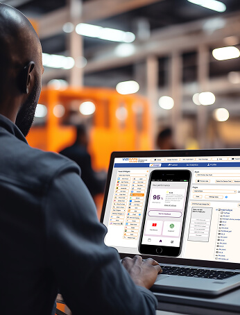 Photo of person using ViziApps Studio on a computer in a warehouse
