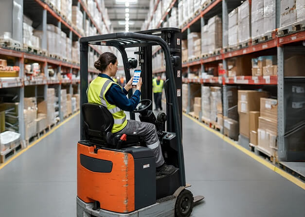Warehouse worker on forklift using app on mobile device