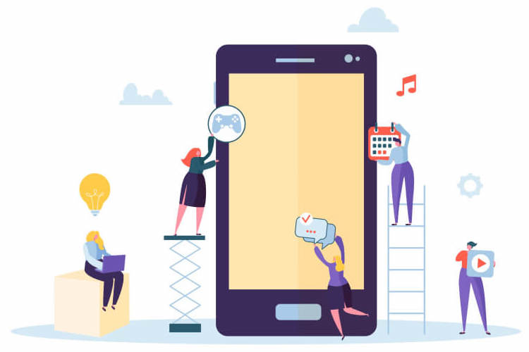 Illustration of several people collaborating on mobile app