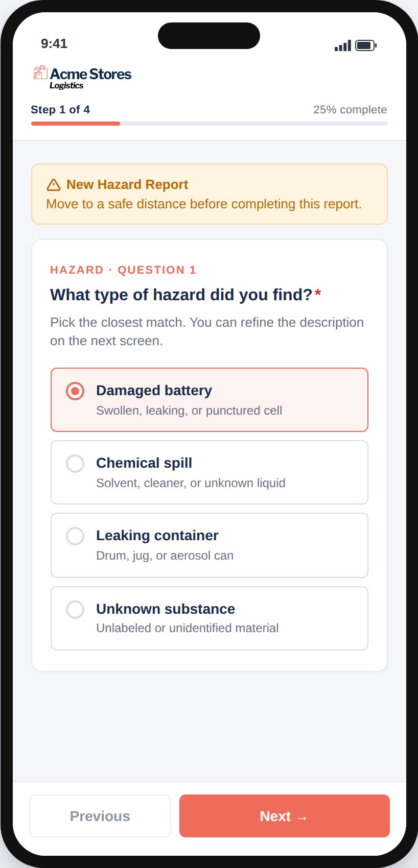 Hazardous Waste App Screen